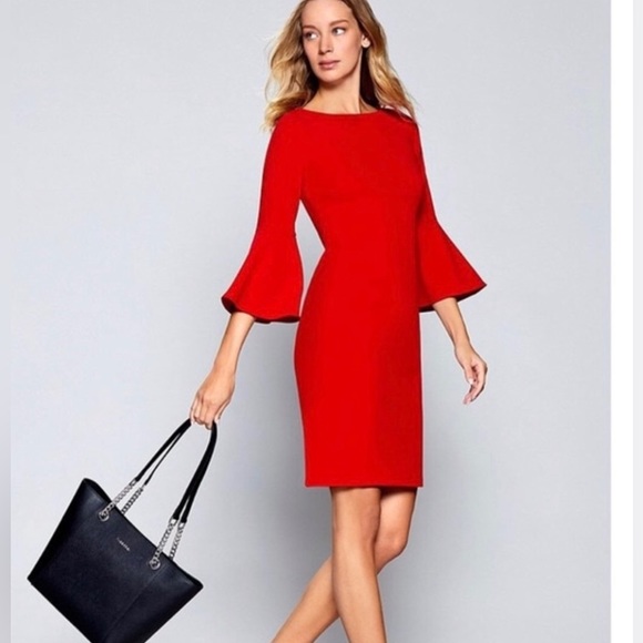 Calvin Klein Dresses & Skirts - Calvin Klein 3/4 Bell Sleeve Boat Neck Sheath Dress Red Size 10
